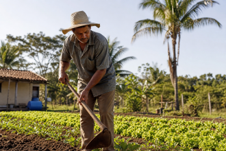 Agricultor familiar trabalhando em uma propriedade rural no interior do Tocantins, com área de cultivo e equipamentos agrícolas