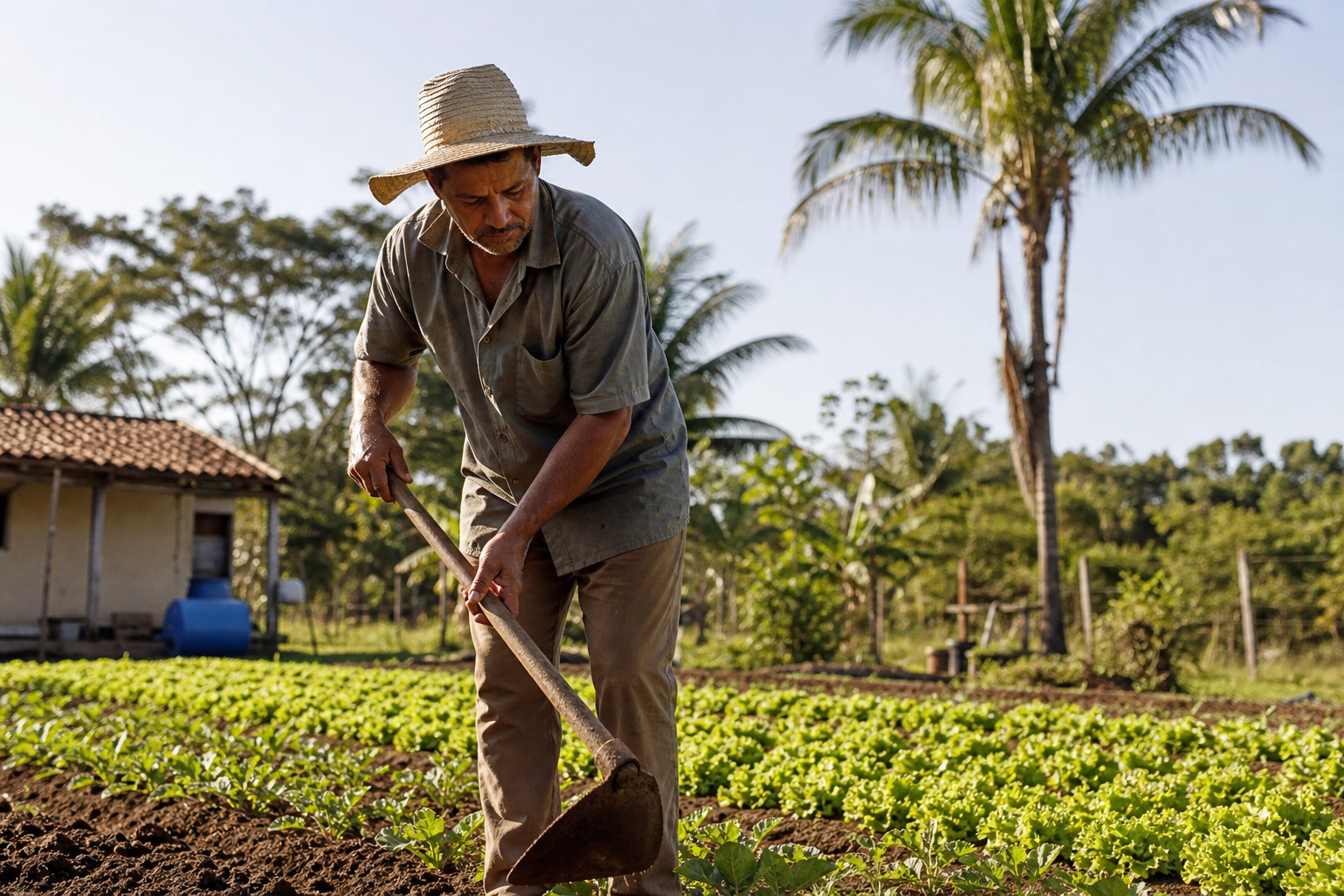 Agricultor familiar trabalhando em uma propriedade rural no interior do Tocantins, com área de cultivo e equipamentos agrícolas